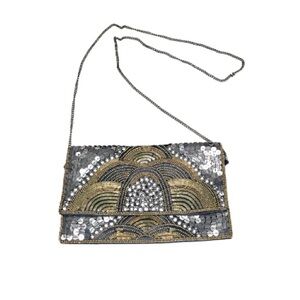 Beaded Silk-like Evening Bag with bronze chain